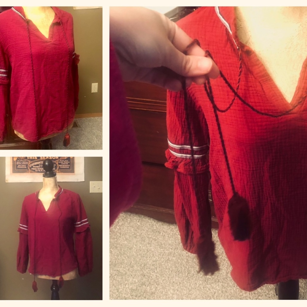100% cotton Red pullover blouse with Tassel ties and ruffle sleeve detail